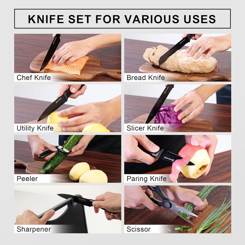 Jaulaors Knife Set with Block,16-Piece Kitchen Knives Stainless Steel,Pro-Sharpened for Cooking,Slicing,Mincing,Dicing,Black - Image 5